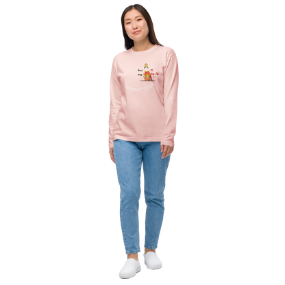 Person wearing a pink long-sleeve shirt with a playful Thai lady graphic and text "fun wear code" and blue jeans on a white background