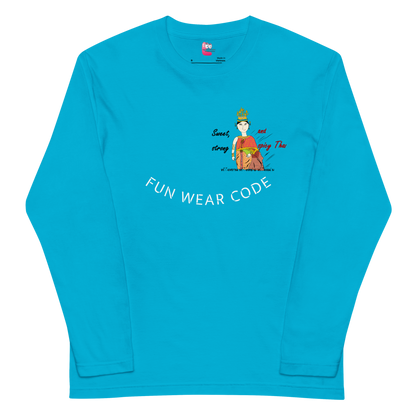 Blue long-sleeve shirt with a playful Thai lady graphic and text "fun wear code" on a white background