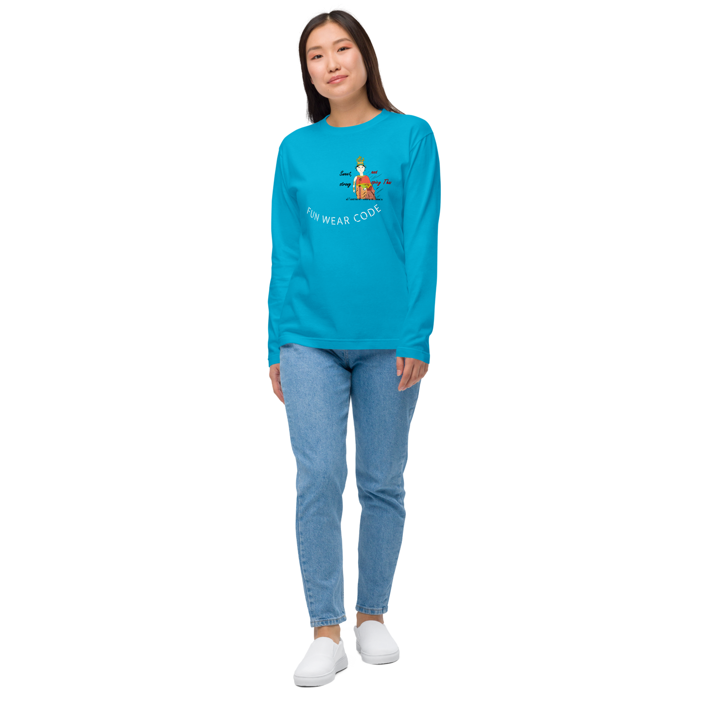 Person wearing a blue sweatshirt with a playful Thai lady graphic and text "fun wear code" on a white background