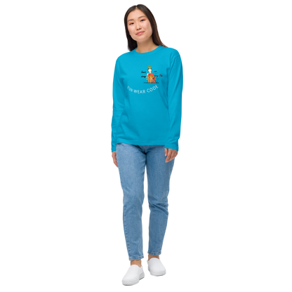 Person wearing a blue sweatshirt with a playful Thai lady graphic and text "fun wear code" on a white background