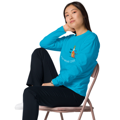 Person wearing a blue long-sleeve shirt with a playful Thai lady graphic and text "fun wear code" sitting on a chair against a white background