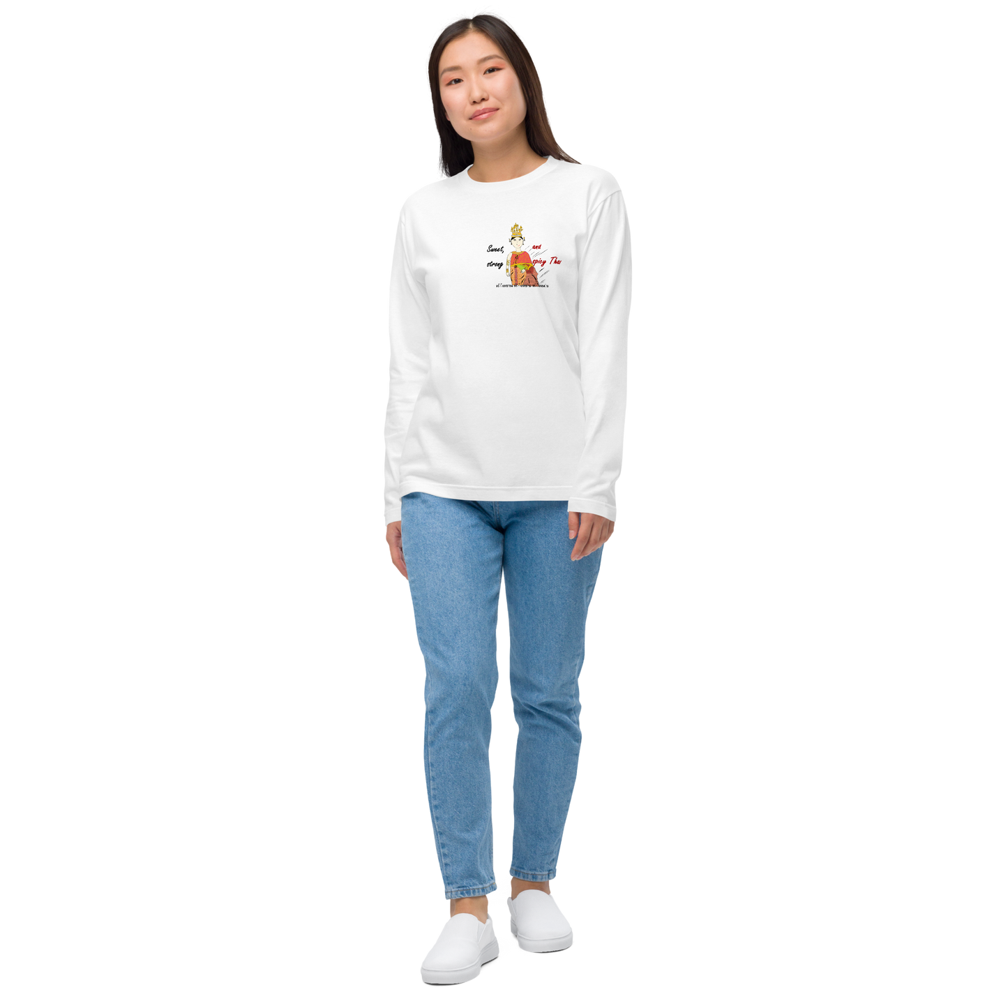 Person wearing a white long-sleeve shirt with a playful Thai lady graphic and text "fun wear code" and blue jeans on a white background