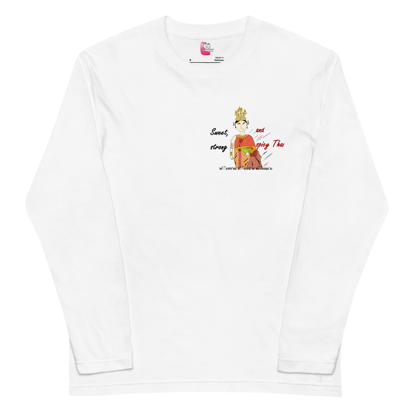 White sweatshirt with a playful Thai lady graphic and text "fun wear code" on a white background