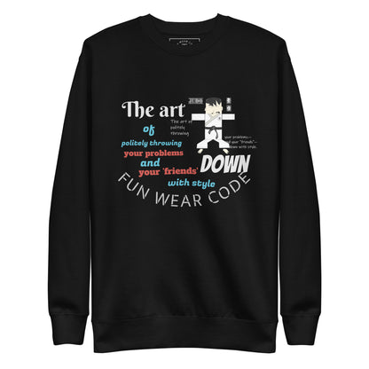 Black sweatshirt with colorful text and judo graphics together with a 'FUN WEAR CODE' text logo on a white background