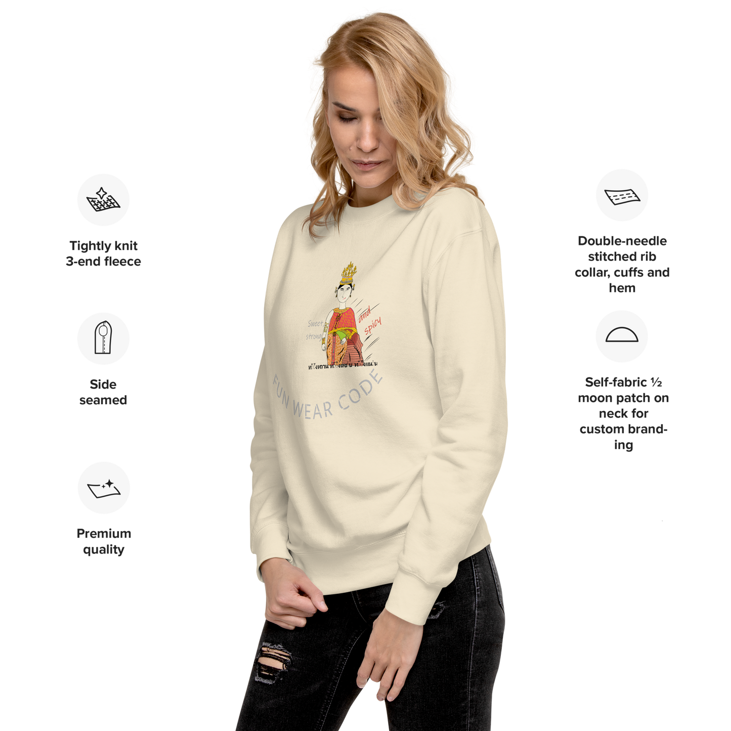 Woman wearing a cream sweatshirt with a Thai lady graphic design and text 'FUN WEAR CODE' on it, standing against a white background.