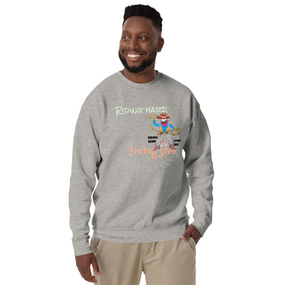 Man wearing a gray 'Fun Wear Code' branded sweatshirt with a cowboy graphic design on a white background