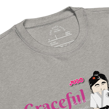 Gray 'Fun Wear Code' brand t-shirt with pink text and judo cartoon character on a white background