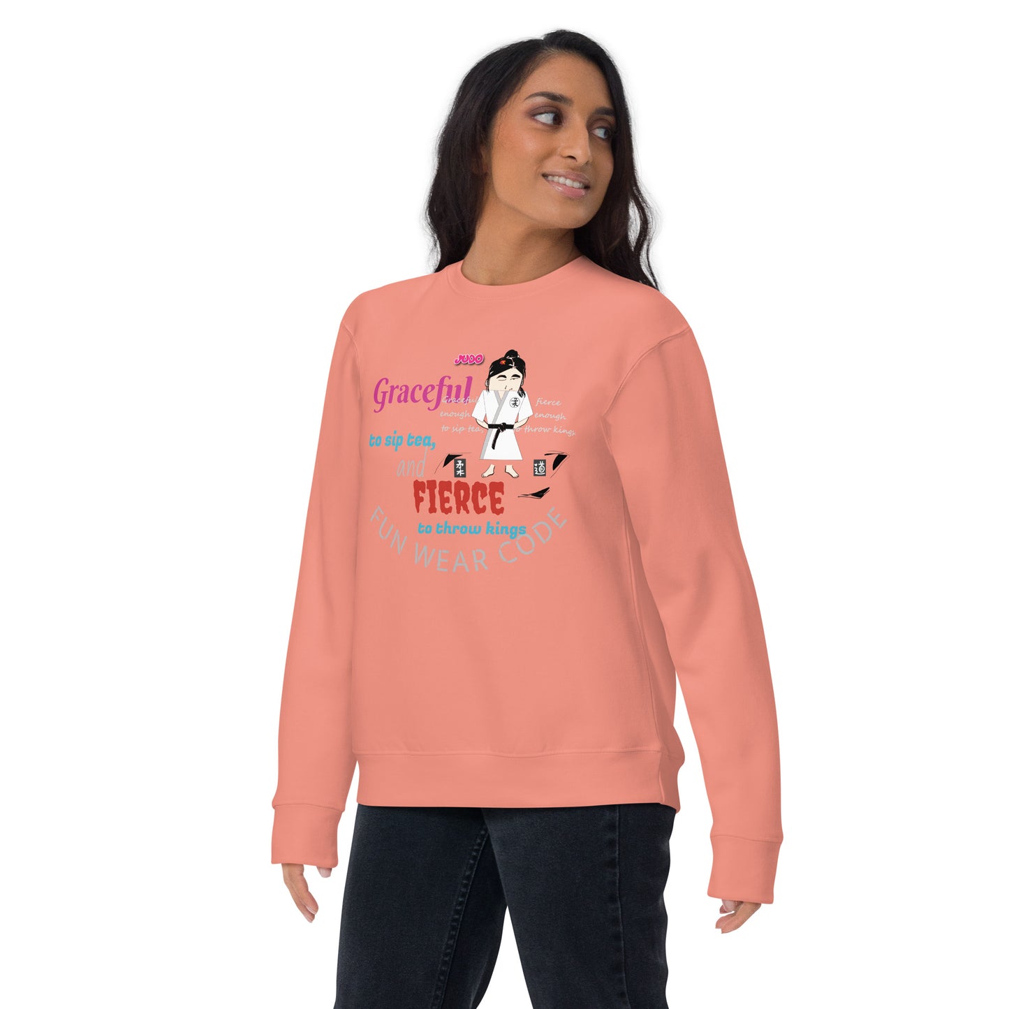 Person wearing a peach sweatshirt with a judo lady graphic design and 'Fun Wear Code' text logo and text on a white background