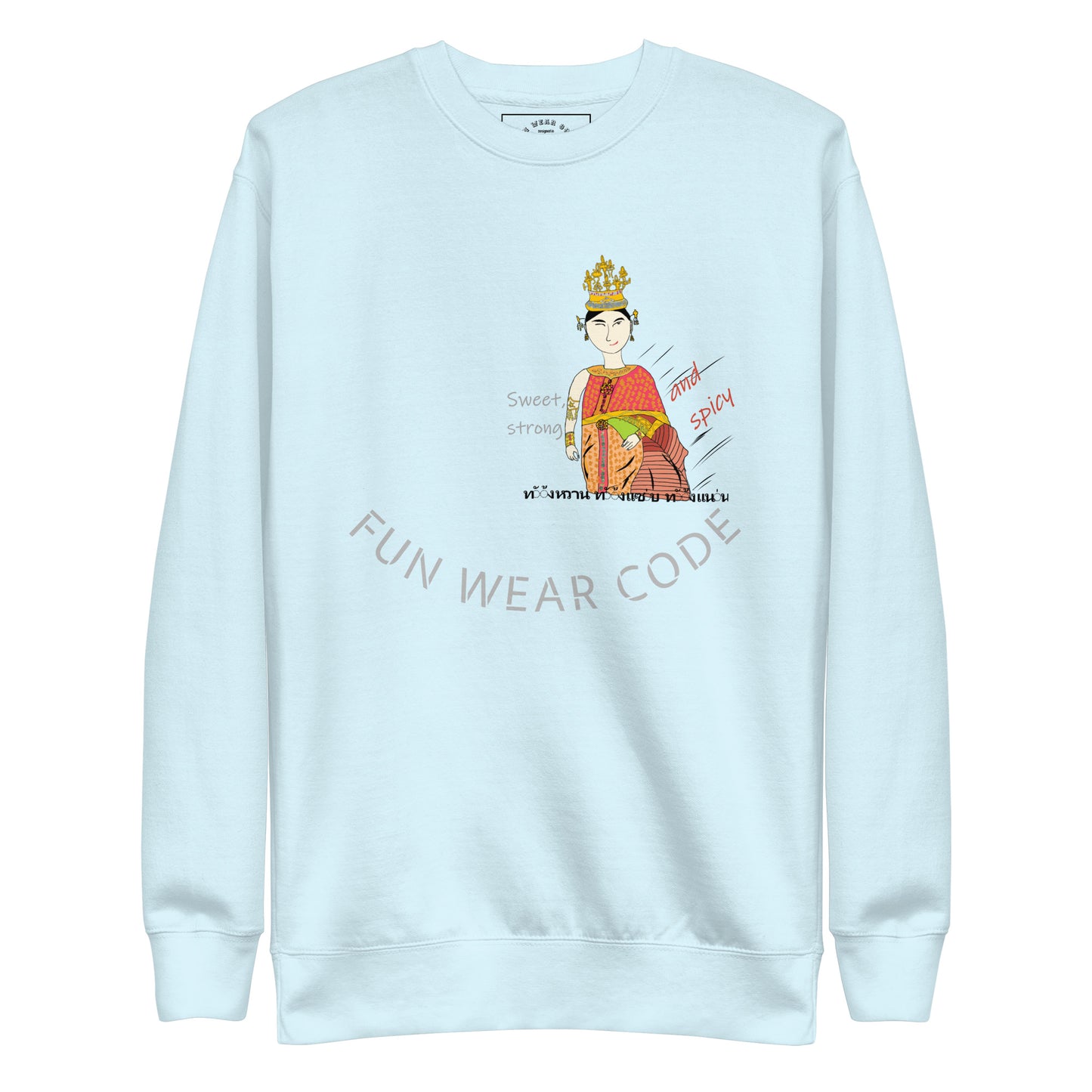 Light blue sweatshirt with a graphic of a person in traditional attire and text on a white background