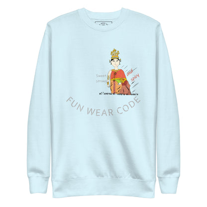 Light blue sweatshirt with a graphic of a person in traditional attire and text on a white background