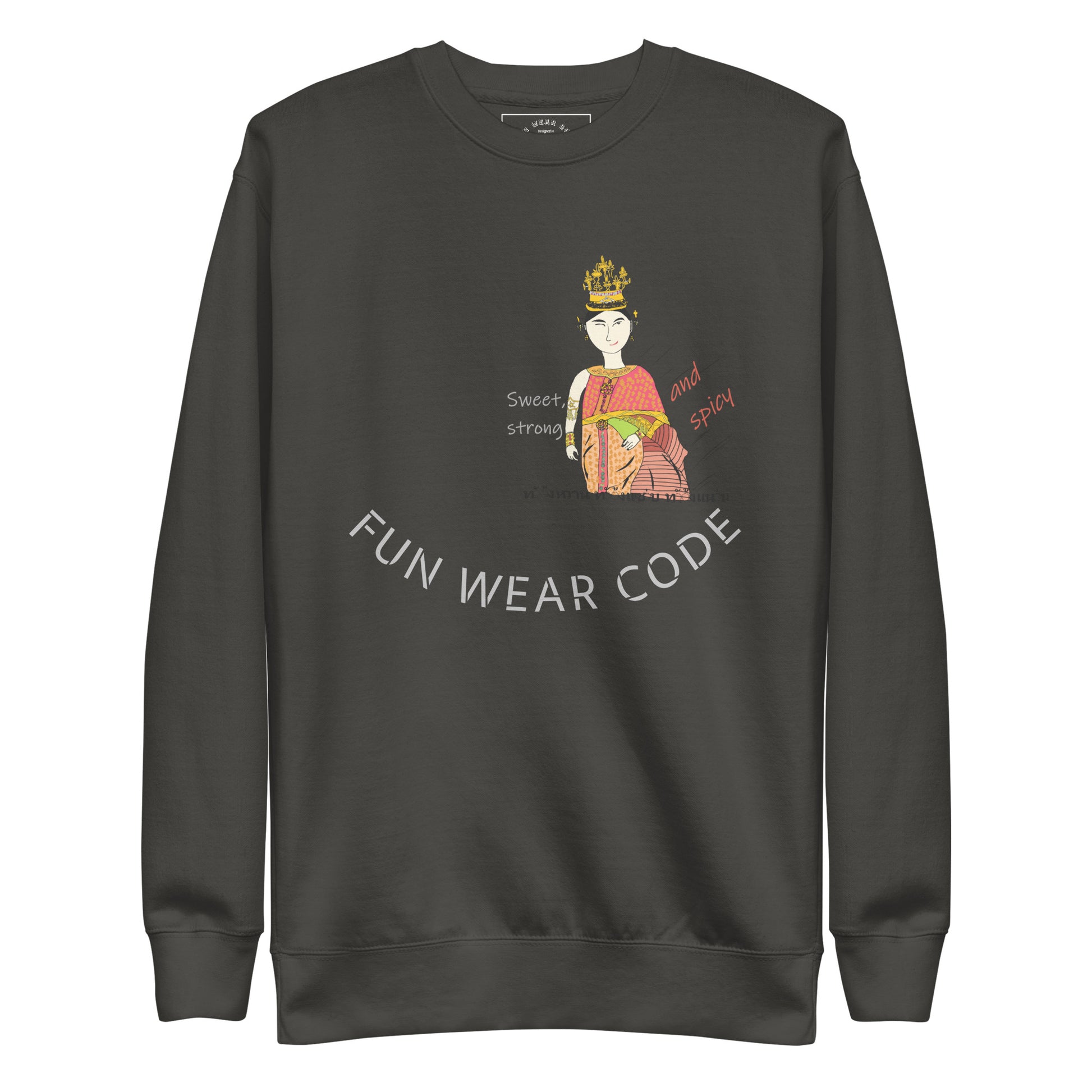 Black sweatshirt with a Thai lady graphic design and text 'FUN WEAR CODE' on a white background