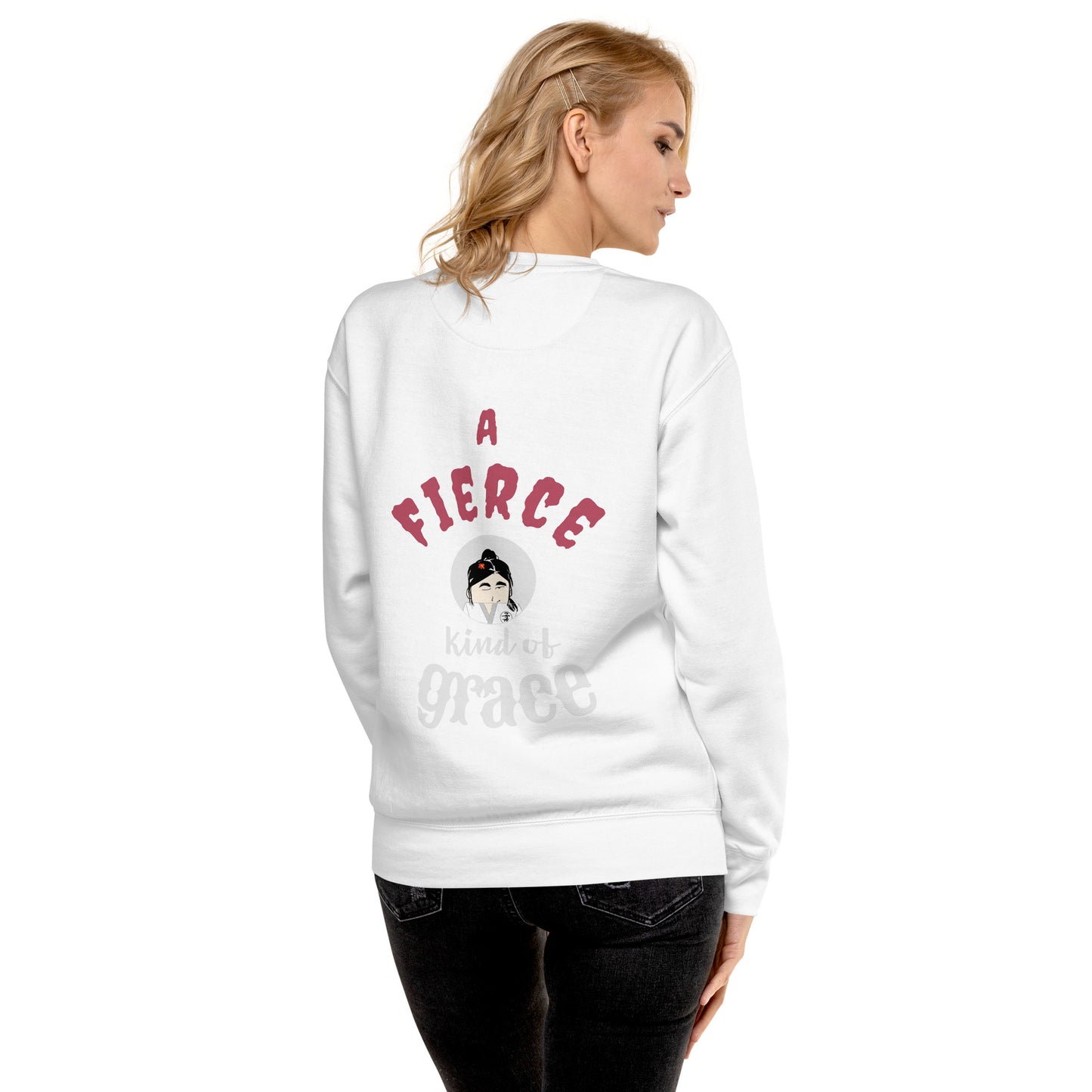 Person wearing a white sweatshirt with text, a judo lady graphic design on the back