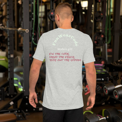 Person wearing a gray t-shirt with a 'Fun Wear Code' text logo in a gym setting