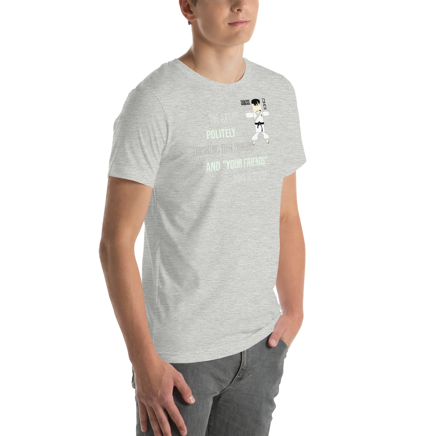 Person wearing a gray t-shirt with text and a playful judo graphic on a white background