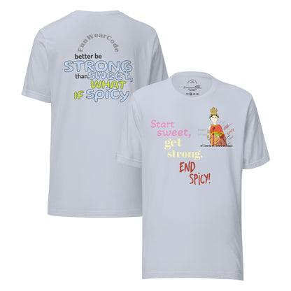 White t-shirt with colorful texts and a Thai lady graphic design on a white background