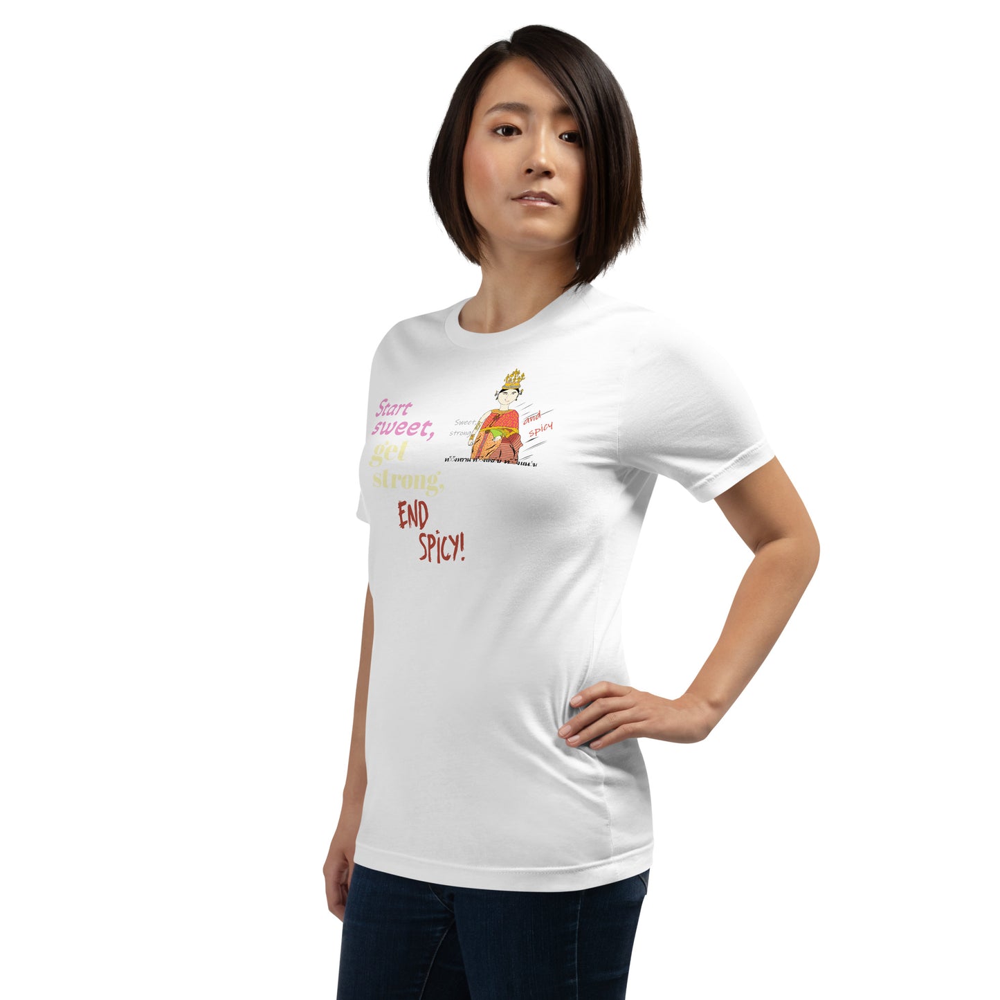 Person wearing a white t-shirt with a Thai lady graphic and text on a white background