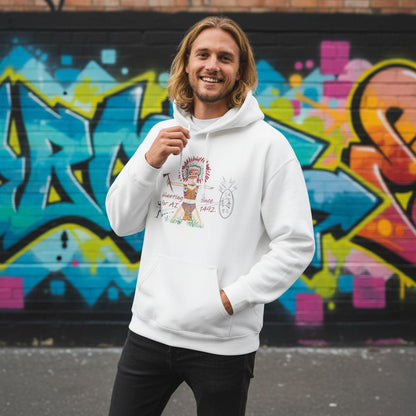 Man wearing a white American Indian hunting for AI graphic hoodie with a colorful graffiti wall in the background