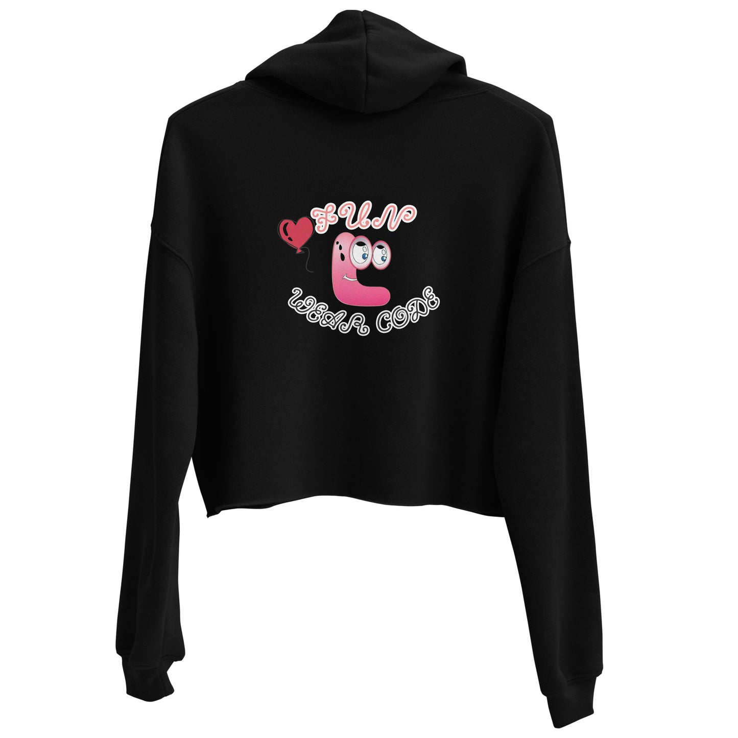 Back view of a black cropped hoodie with a FUN WEAR CODE graphic design on a white background