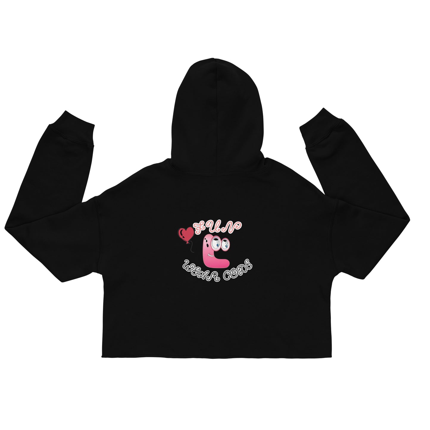Back view of a black cropped hoodie with a FUN WEAR CODE graphic design on a white background