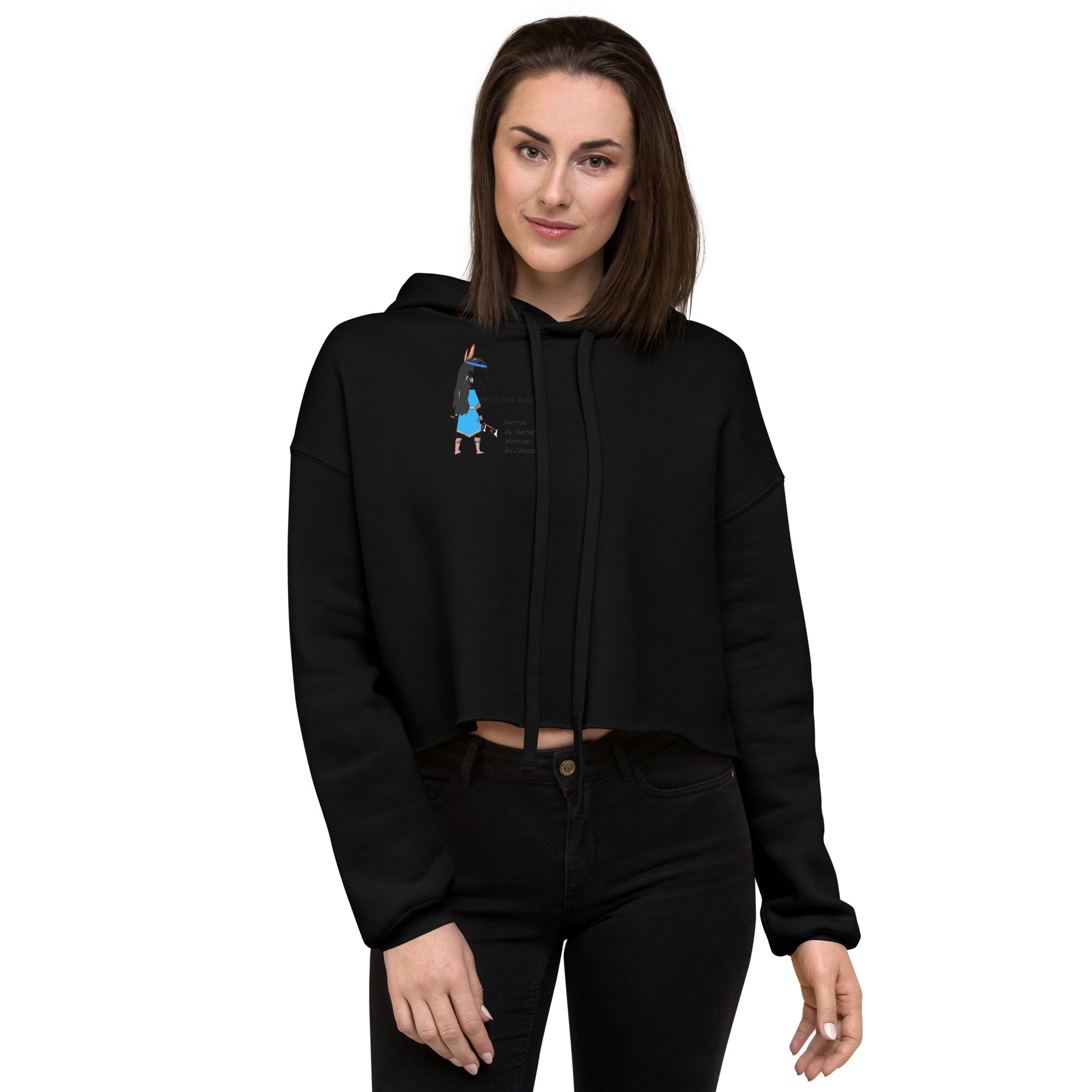 Front view of a lady model wearing a black cropped hoodie with an American Indian woman graphic design on a white background