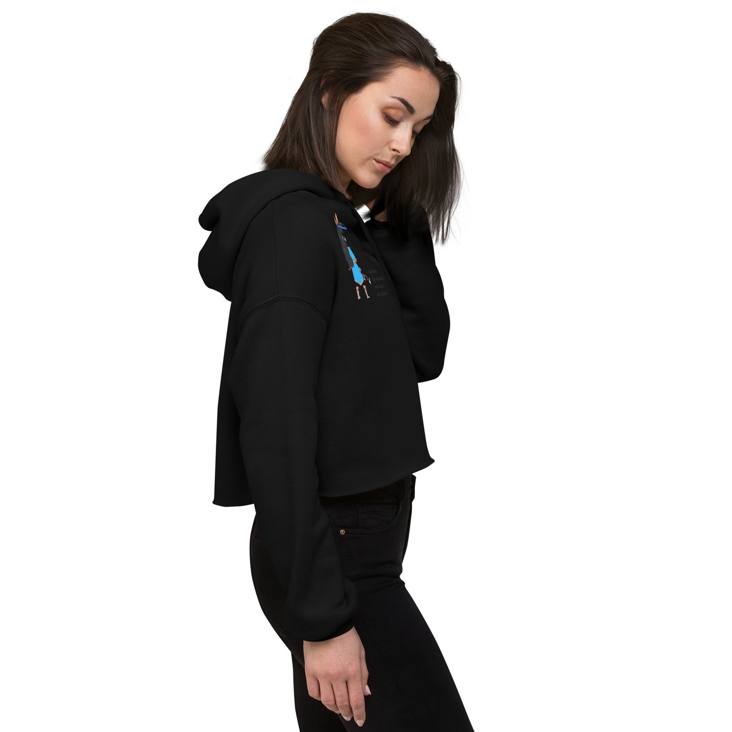 Right side view of a lady model wearing a black cropped hoodie with an American Indian woman graphic design on a white background