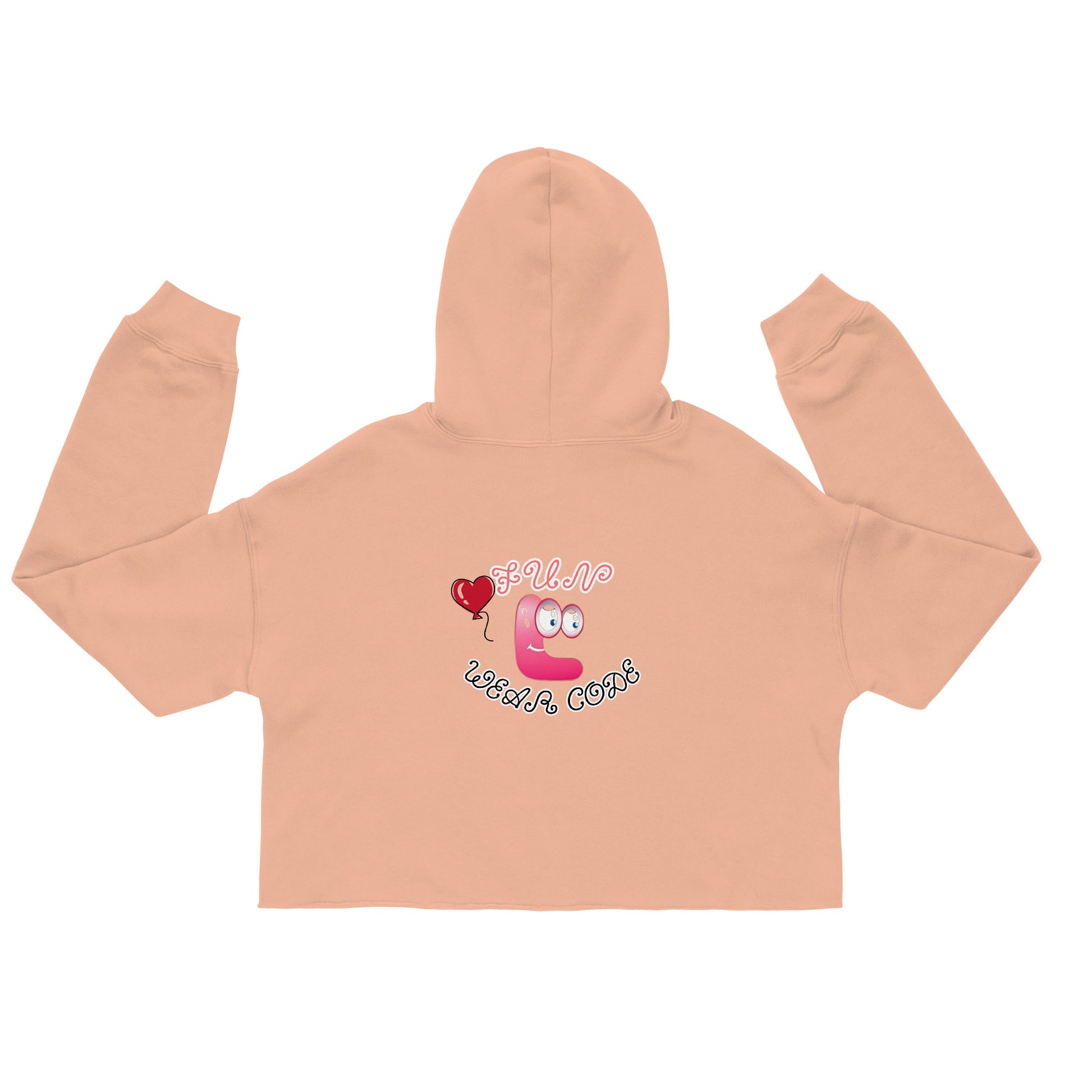 Back view of a peach cropped hoodie with a FUN WEAR CODE graphic design on a white background