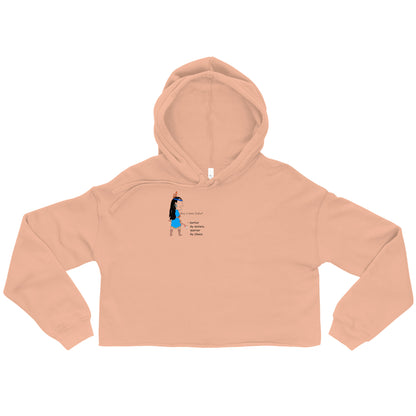 Front view of a peach cropped hoodie with an American Indian woman graphic design on a white background