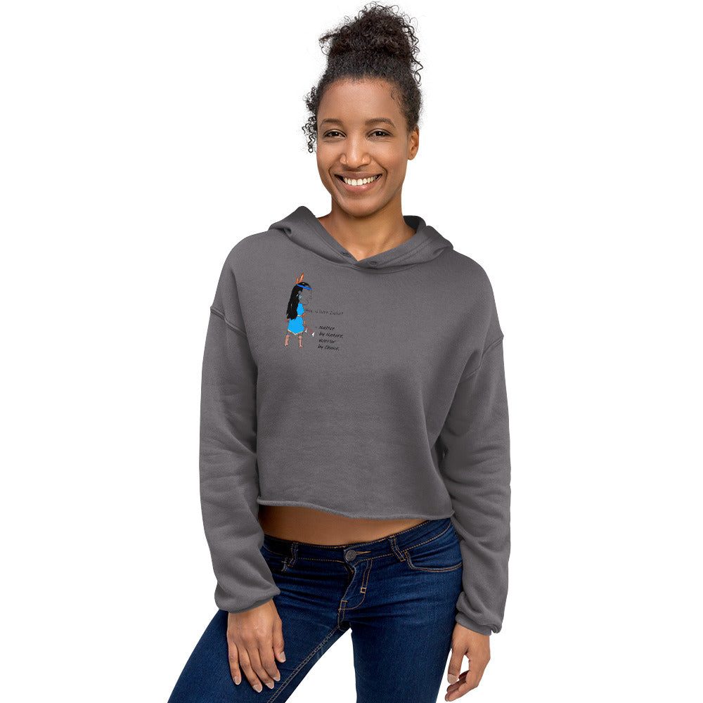 Front view of a lady model wearing a gray cropped hoodie with an American Indian woman graphic design on a white background