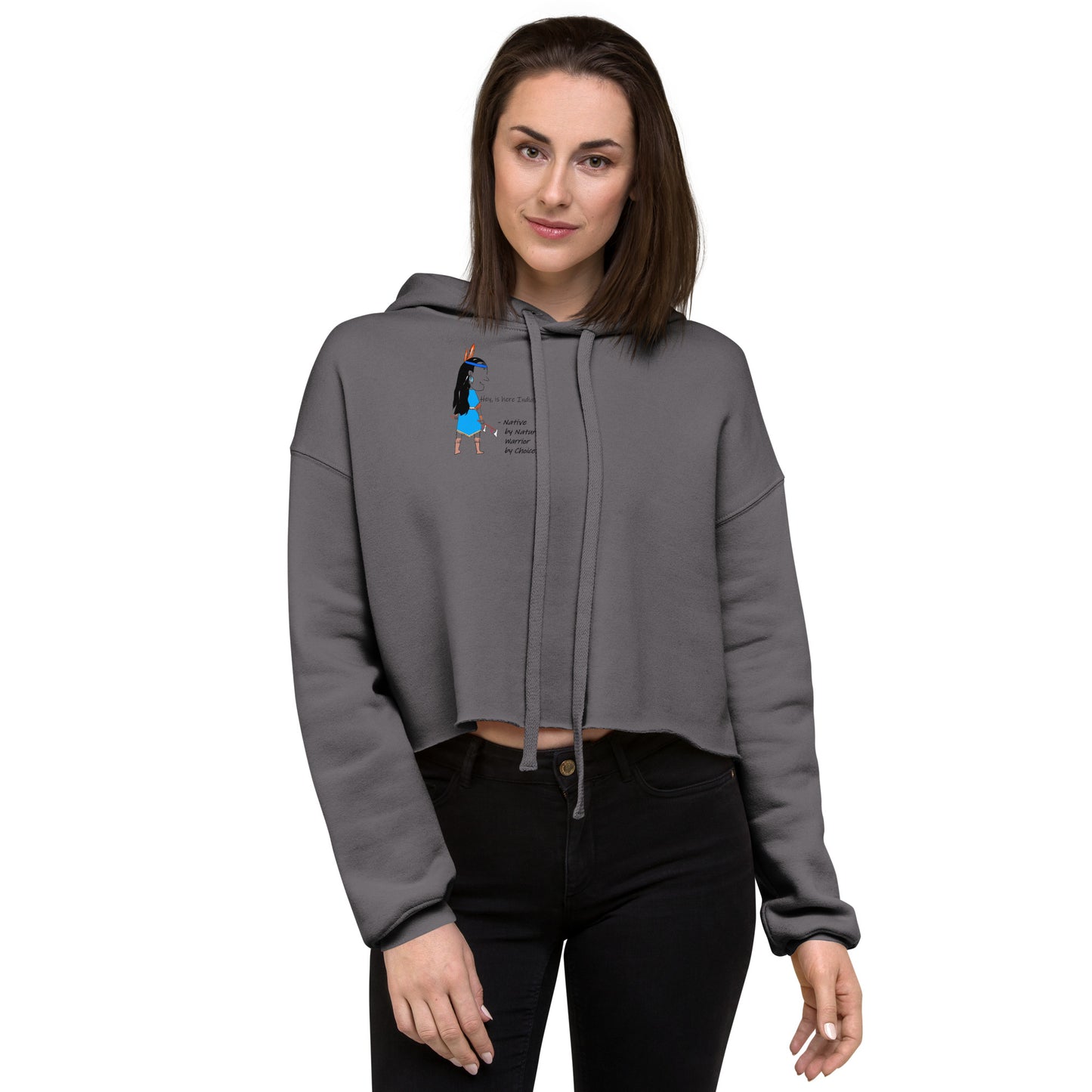 Front view of a lady model wearing a gray cropped hoodie with an American Indian woman graphic design on a white background