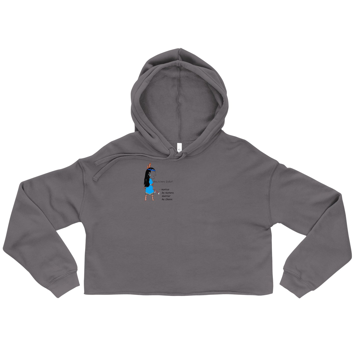 Front view of a gray cropped hoodie with an American Indian woman graphic design on a white background