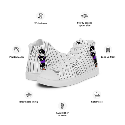 White stripe sneakers with a ninja graphic design on a white background, featuring text labels funwearcode.