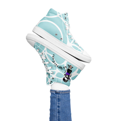 Light blue high-top sneakers with white sole, a ninja graphic and 'Fun Wear Code' text logo on a white background