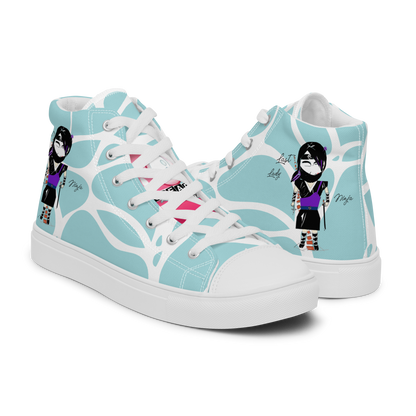 Pair of high-top sneakers with a lady ninja graphic design on a white background, featuring text 'Last lady ninja' on a light blue pattern background