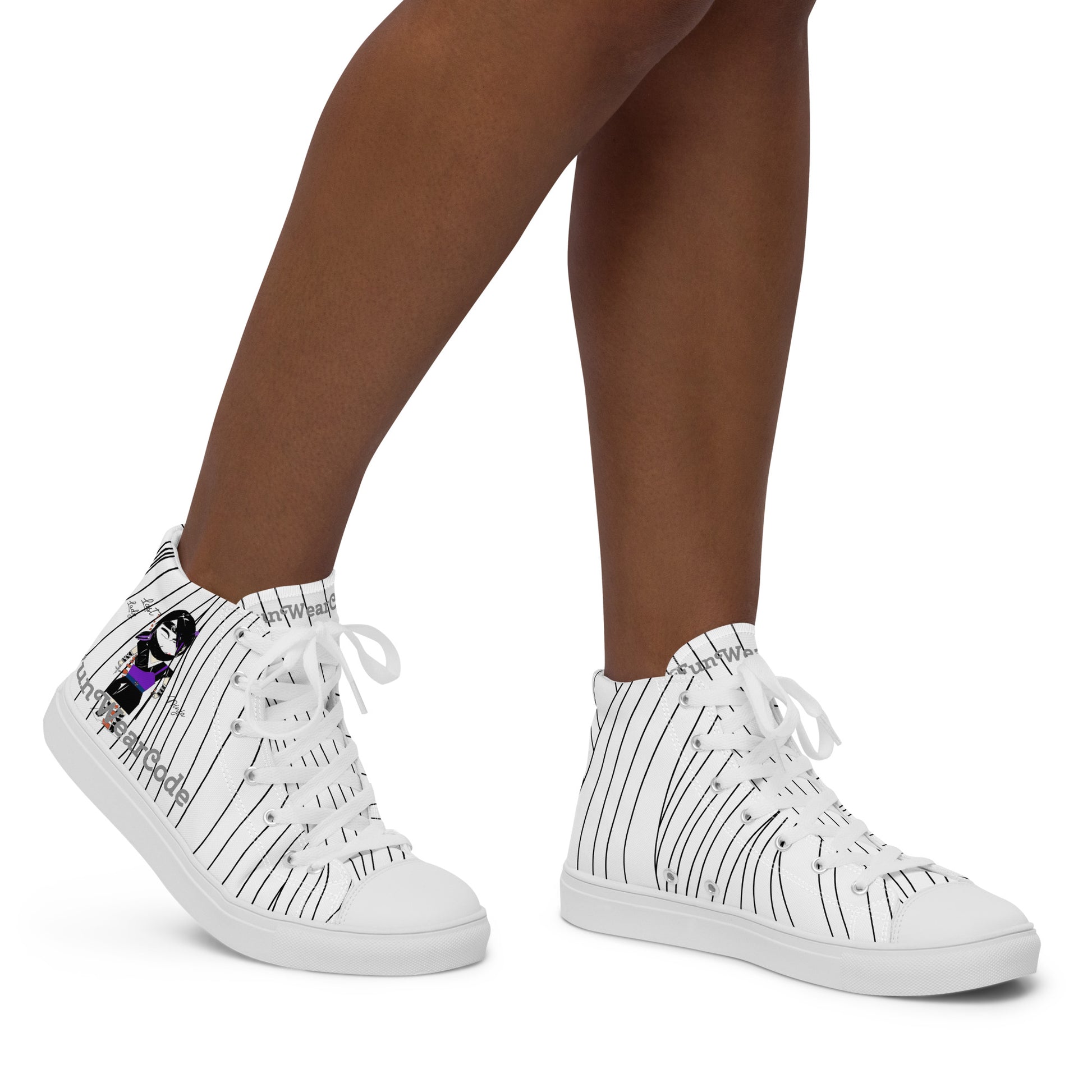 White high-top sneakers with black patterns, a ninja graphic and 'Fun Wear Code' text logo worn by a person on a white background