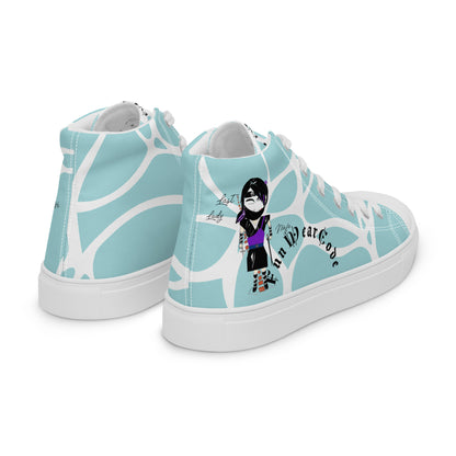 Pair of high-top sneakers with a ninja graphic and 'Fun Wear Code' text logo on a light blue background